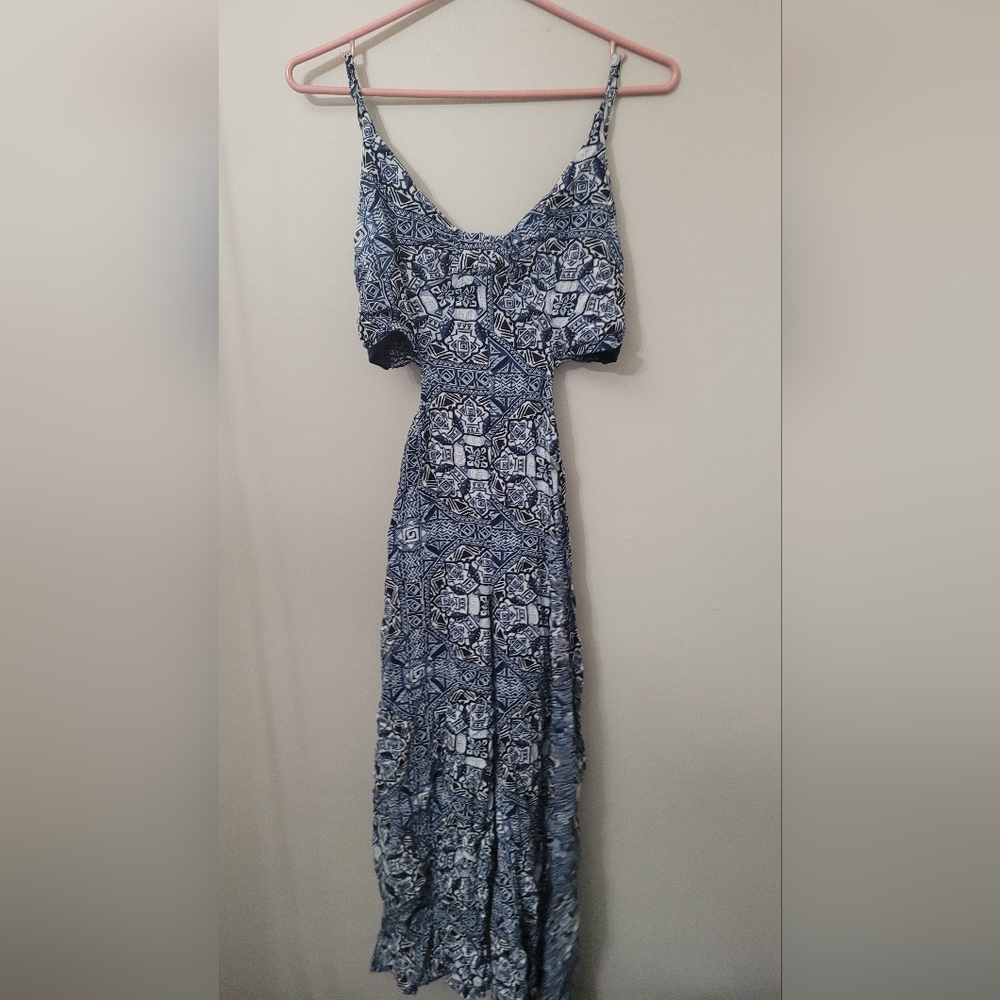 medium  open back tube top semi cover romper blue aztec pattern